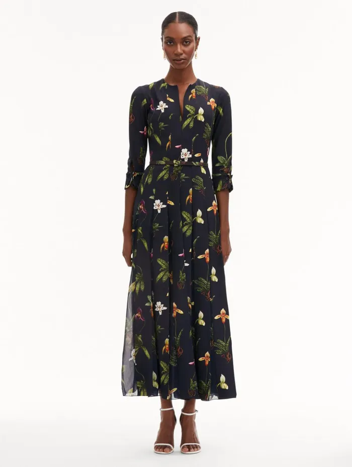 Women Dresses Oscar De La Renta Orchid Cady Inset 34 Sleeve Dress Navy Multi Women Dresses Oscar De La Renta Orchid Cady Inset 34 Sleeve Dress Navy Multi