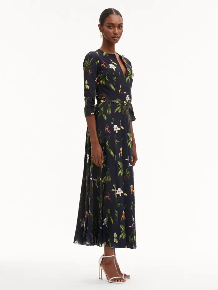 Women Dresses Oscar De La Renta Orchid Cady Inset 34 Sleeve Dress Navy Multi Women Dresses Oscar De La Renta Orchid Cady Inset 34 Sleeve Dress Navy Multi