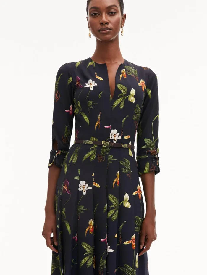 Women Dresses Oscar De La Renta Orchid Cady Inset 34 Sleeve Dress Navy Multi Women Dresses Oscar De La Renta Orchid Cady Inset 34 Sleeve Dress Navy Multi