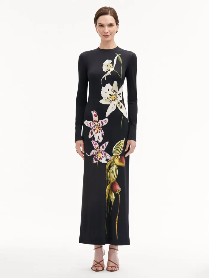 Women Dresses Oscar De La Renta Orchid Jersey Dress Dark Navy Multi