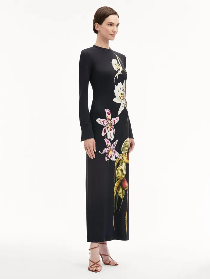 Women Dresses Oscar De La Renta Orchid Jersey Dress Dark Navy Multi
