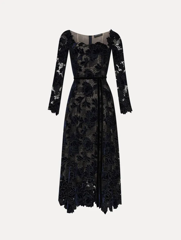 Women Dresses Oscar De La Renta Peony Velvet Guipure Dress Navy