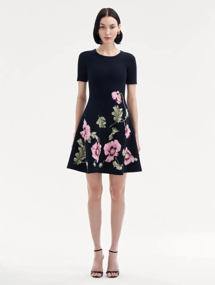 Women Dresses Oscar De La Renta Poppy Jacquard Dress Navy Pink