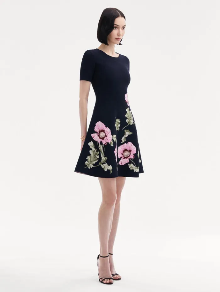 Women Dresses Oscar De La Renta Poppy Jacquard Dress Navy Pink
