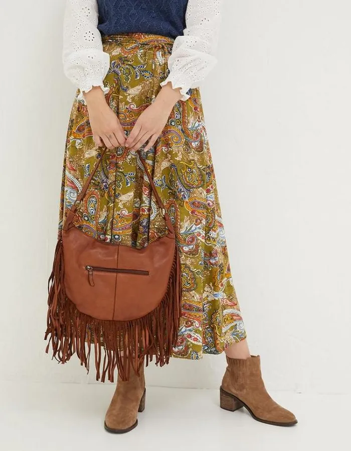 Women FatFace Bags and Wallets Dawson Crescent Leather Tassel Bag Washed Tan