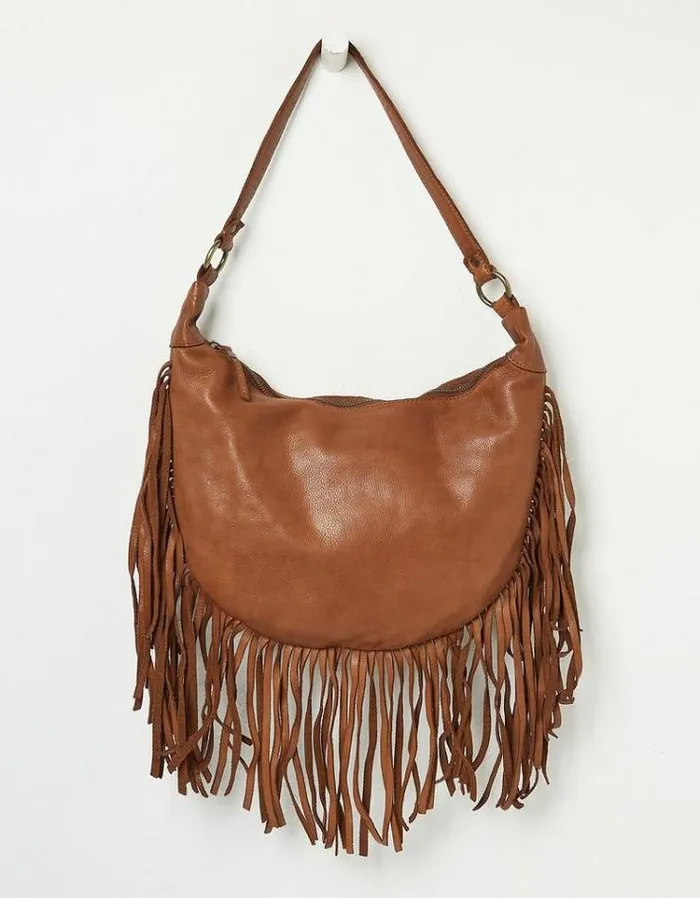 Women FatFace Bags and Wallets Dawson Crescent Leather Tassel Bag Washed Tan