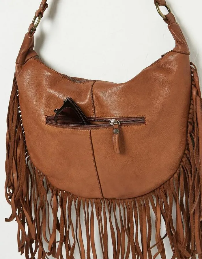 Women FatFace Bags and Wallets Dawson Crescent Leather Tassel Bag Washed Tan