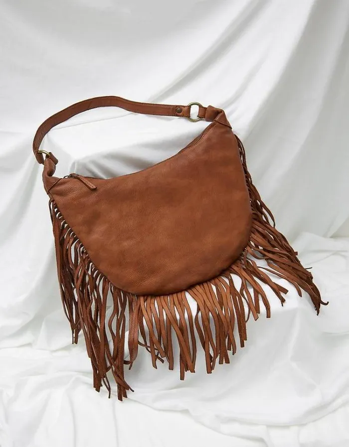 Women FatFace Bags and Wallets Dawson Crescent Leather Tassel Bag Washed Tan