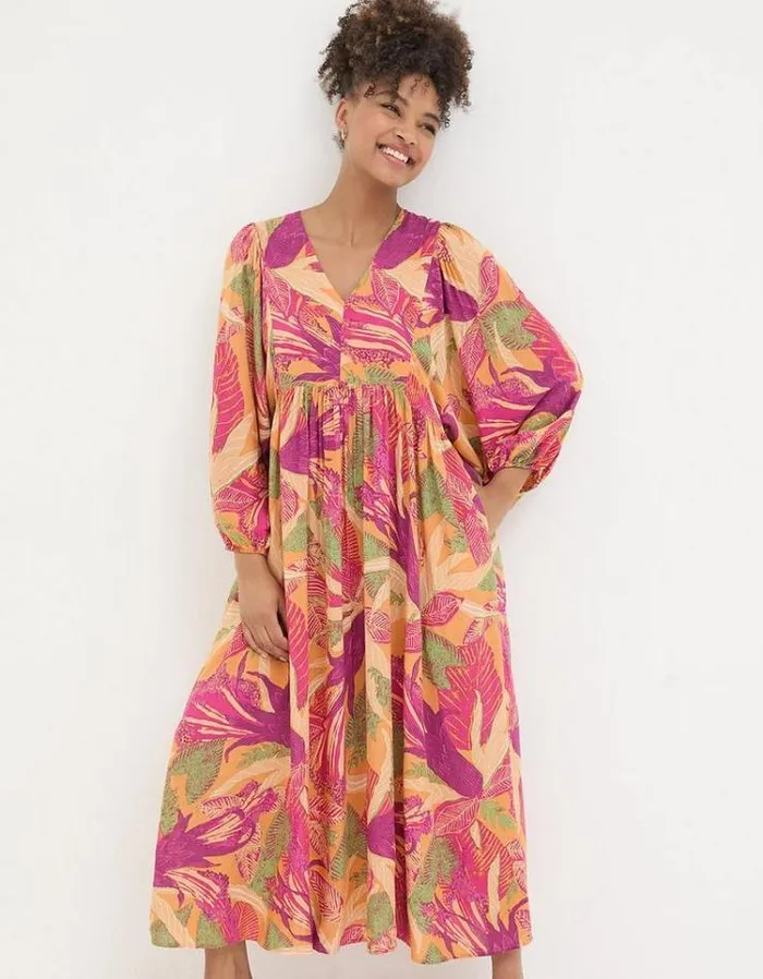 Women FatFace Festival Collection Jocelyn Tropical Floral Midi Dress Light Orange