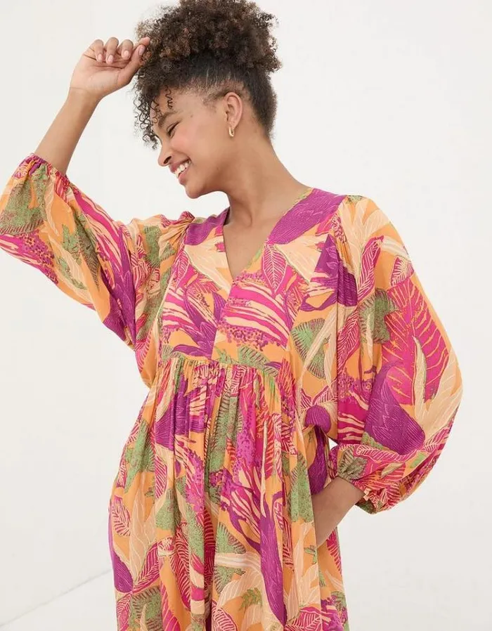 Women FatFace Festival Collection Jocelyn Tropical Floral Midi Dress Light Orange