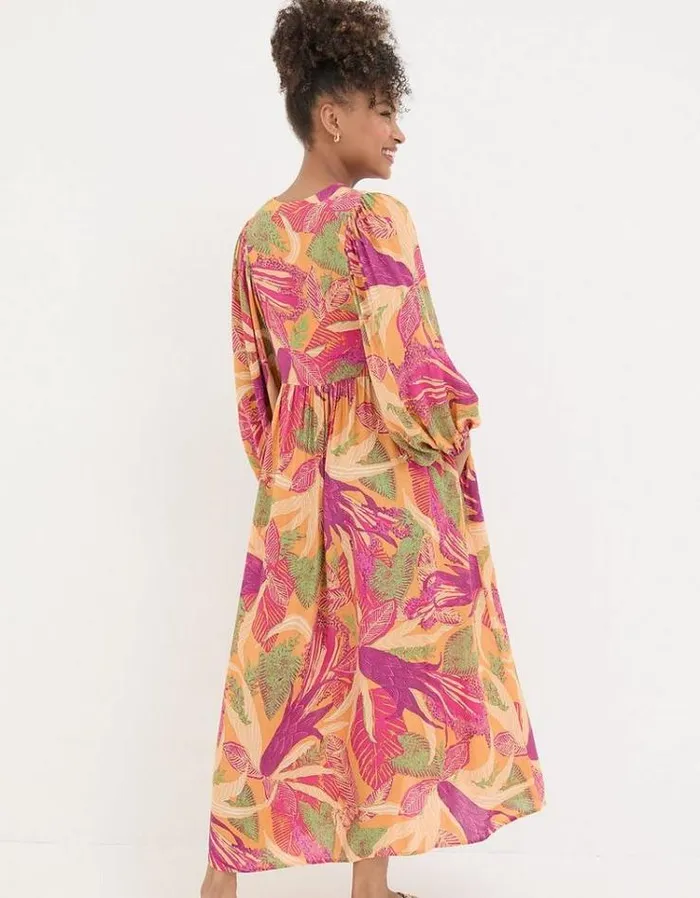 Women FatFace Festival Collection Jocelyn Tropical Floral Midi Dress Light Orange