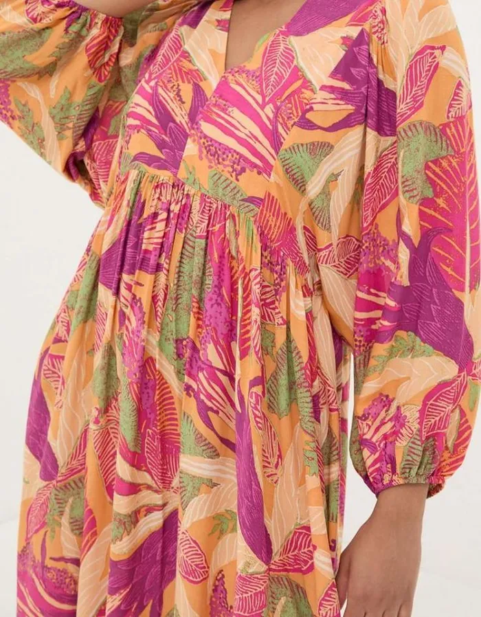 Women FatFace Festival Collection Jocelyn Tropical Floral Midi Dress Light Orange