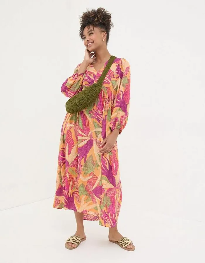 Women FatFace Festival Collection Jocelyn Tropical Floral Midi Dress Light Orange