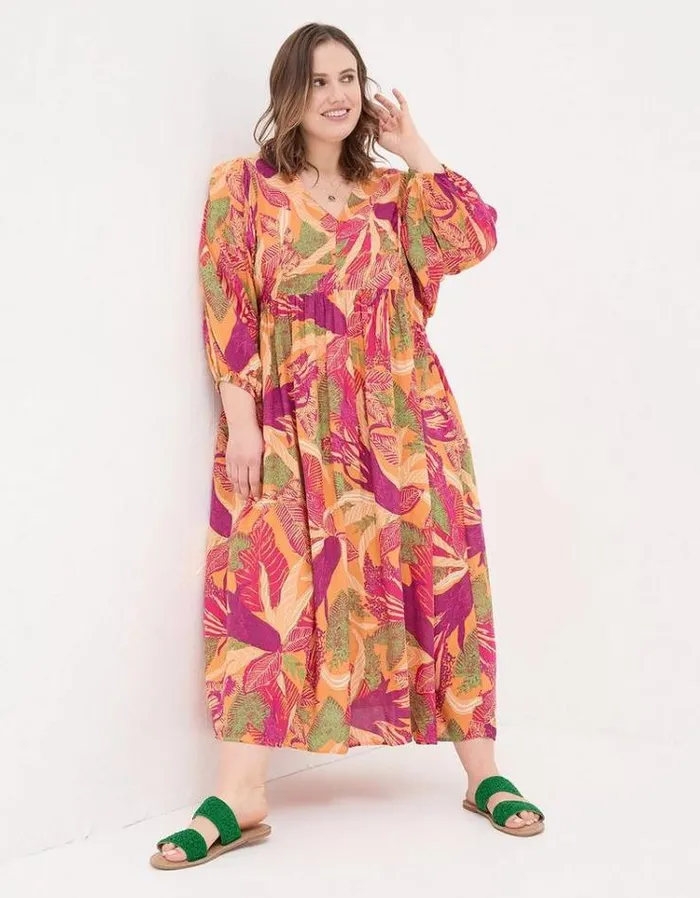 Women FatFace Festival Collection Jocelyn Tropical Floral Midi Dress Light Orange