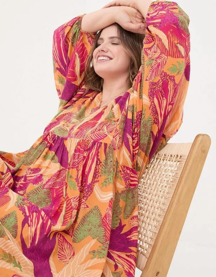 Women FatFace Festival Collection Jocelyn Tropical Floral Midi Dress Light Orange