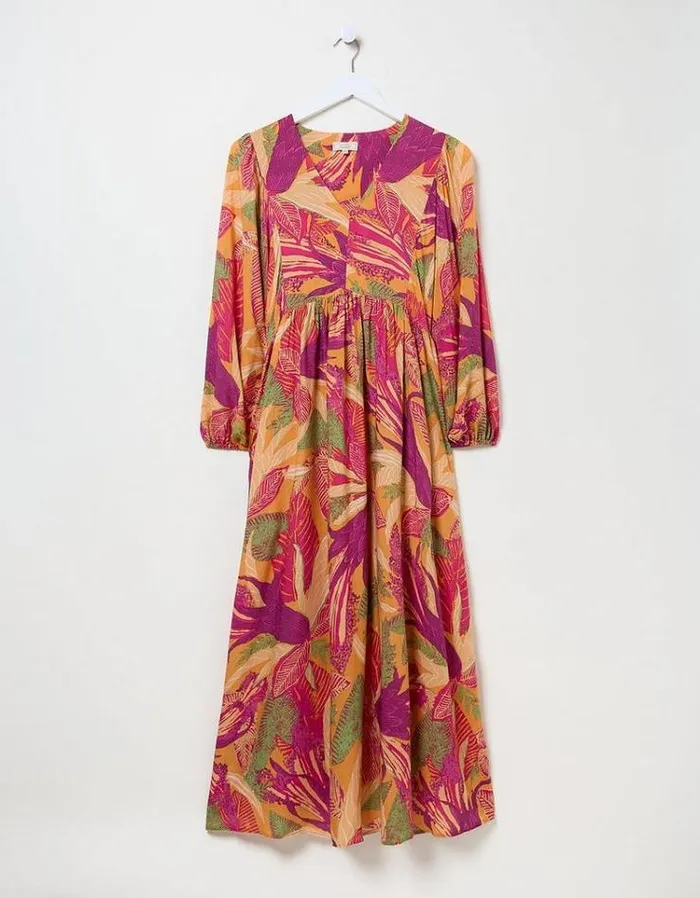 Women FatFace Festival Collection Jocelyn Tropical Floral Midi Dress Light Orange