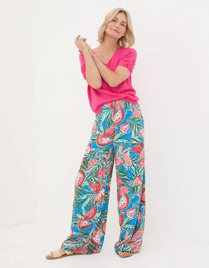 Women FatFace Pants and Leggings Ines Watermelons Wide Leg Pants Bright Blue