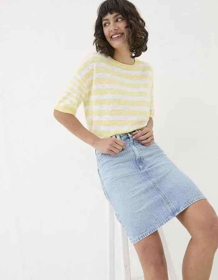 Women FatFace Skirts Athena Stripe Denim Skirt Light Denim Blue