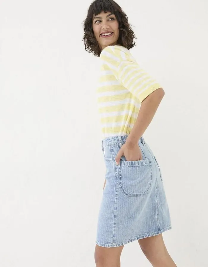 Women FatFace Skirts Athena Stripe Denim Skirt Light Denim Blue