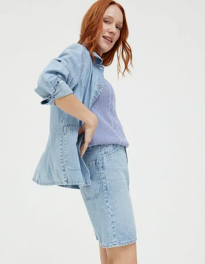 Women FatFace Skirts Athena Stripe Denim Skirt Light Denim Blue