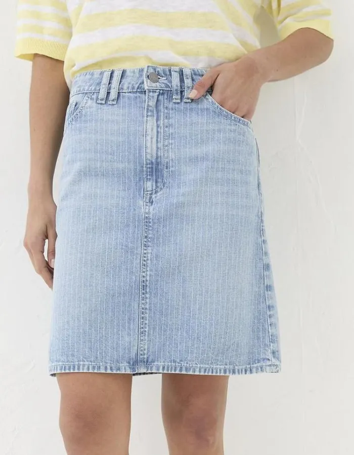 Women FatFace Skirts Athena Stripe Denim Skirt Light Denim Blue