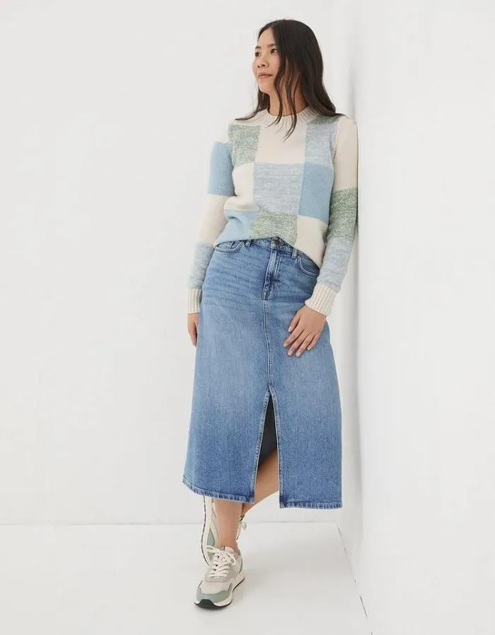 Women FatFace Skirts Carla Denim Midi Skirt Washed Blue
