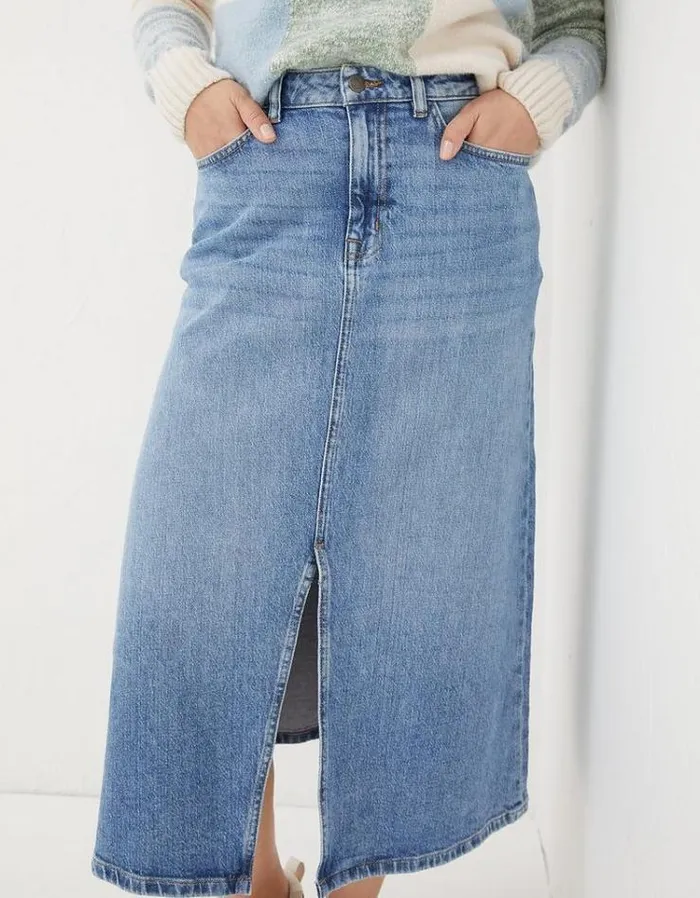 Women FatFace Skirts Carla Denim Midi Skirt Washed Blue