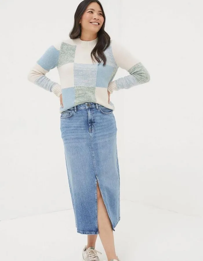 Women FatFace Skirts Carla Denim Midi Skirt Washed Blue