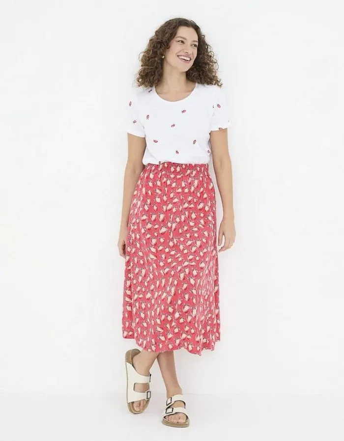 Women FatFace Skirts Millie Strawberry Midi Skirt Tomato Red