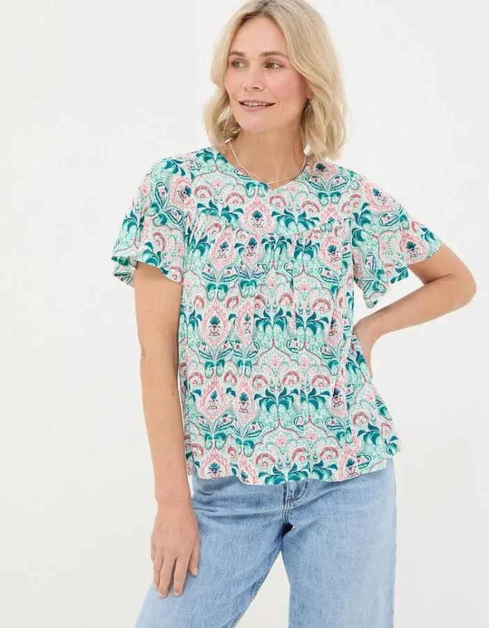 Women FatFace Tops and TShirts Jade Mirrored Paisley Top Teal Green