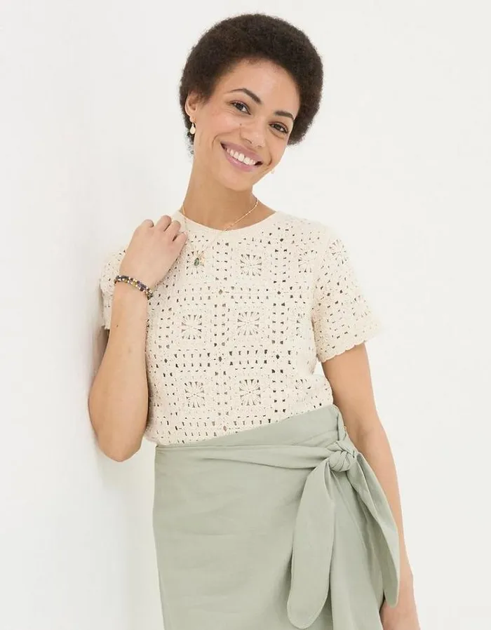 Women FatFace Tops and TShirts Patchwork Crochet Short Sleeve TShirt Ivory