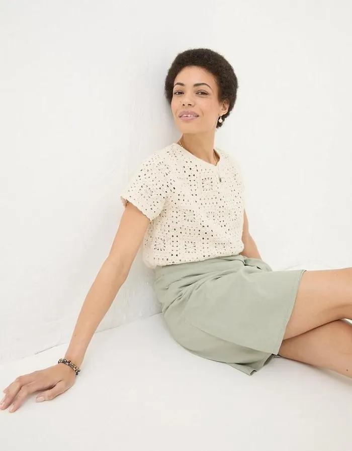 Women FatFace Tops and TShirts Patchwork Crochet Short Sleeve TShirt Ivory