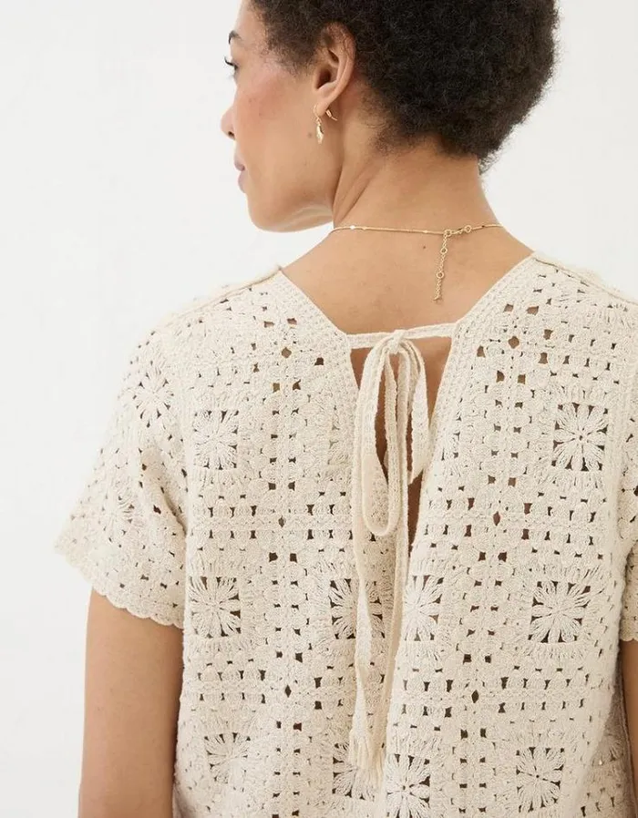 Women FatFace Tops and TShirts Patchwork Crochet Short Sleeve TShirt Ivory