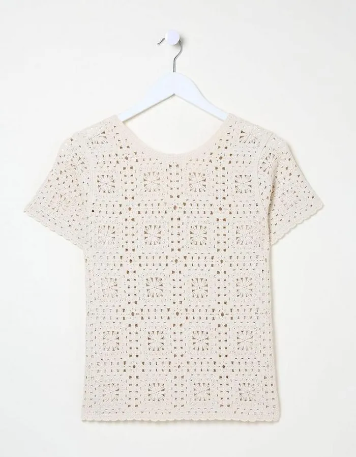 Women FatFace Tops and TShirts Patchwork Crochet Short Sleeve TShirt Ivory