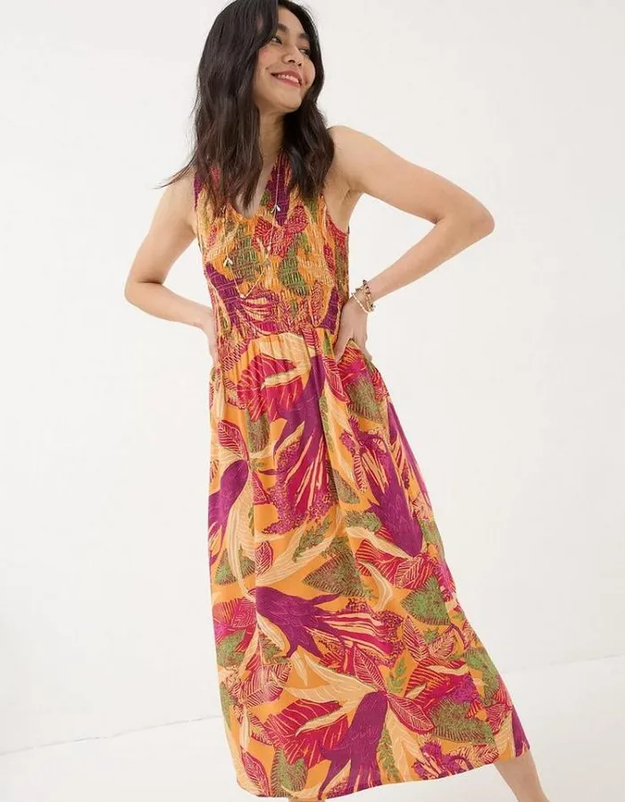 Women FatFace Vacation Shop Aria Tropical Floral Midi Dress Light Orange