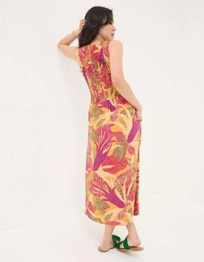 Women FatFace Vacation Shop Aria Tropical Floral Midi Dress Light Orange