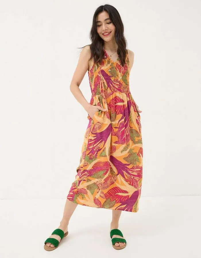 Women FatFace Vacation Shop Aria Tropical Floral Midi Dress Light Orange
