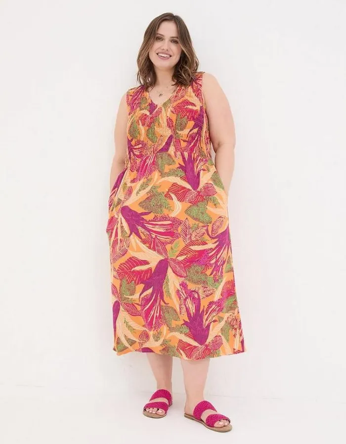 Women FatFace Vacation Shop Aria Tropical Floral Midi Dress Light Orange