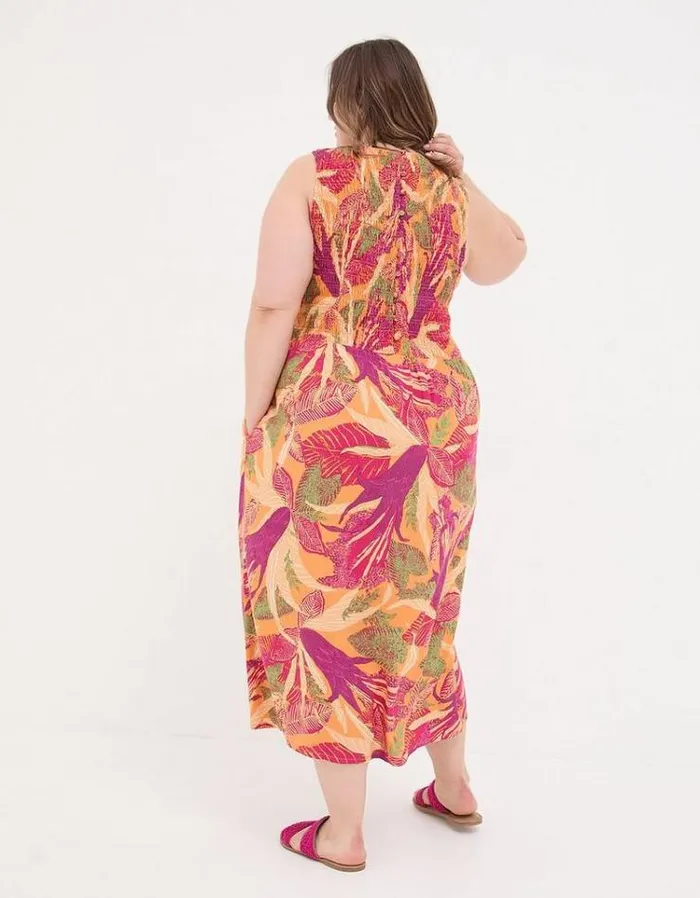 Women FatFace Vacation Shop Aria Tropical Floral Midi Dress Light Orange