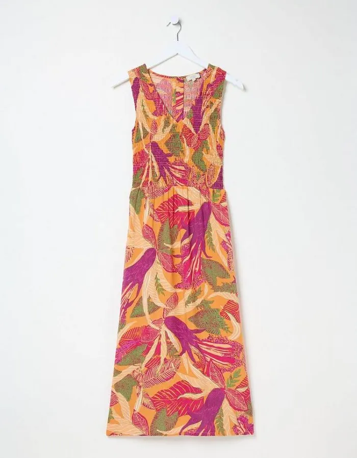 Women FatFace Vacation Shop Aria Tropical Floral Midi Dress Light Orange