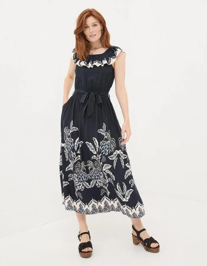 Women FatFace Vacation Shop Ezra Damask Midi Dress Navy