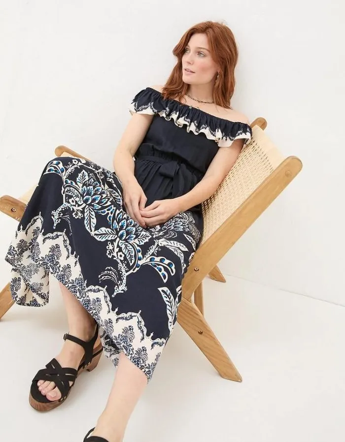 Women FatFace Vacation Shop Ezra Damask Midi Dress Navy