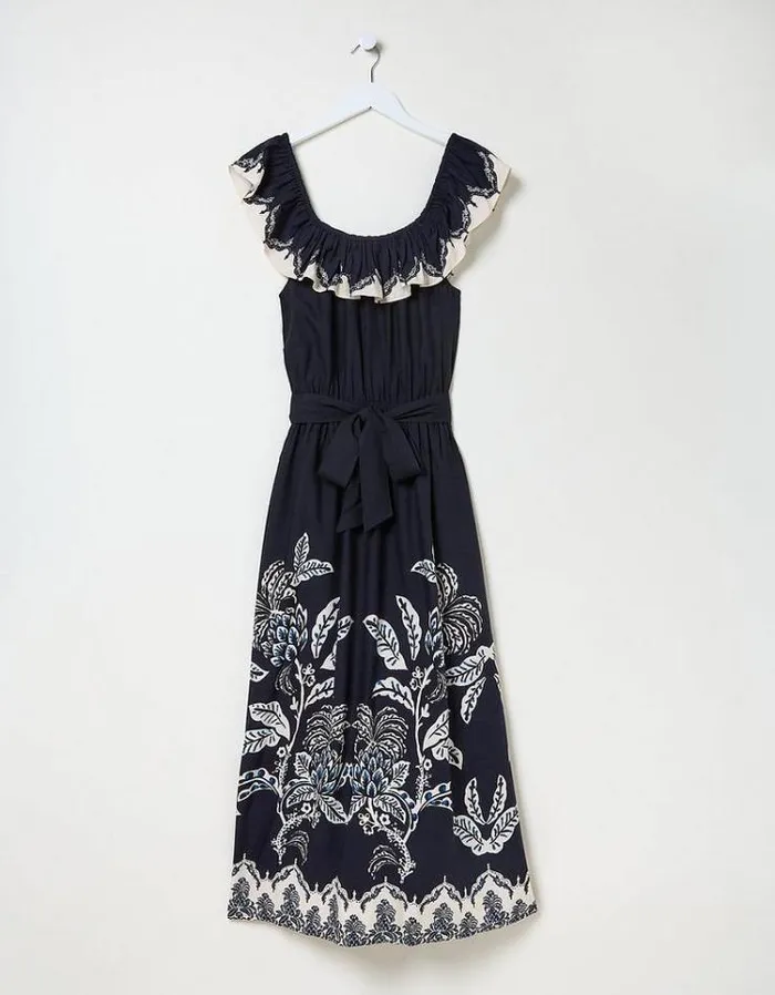 Women FatFace Vacation Shop Ezra Damask Midi Dress Navy