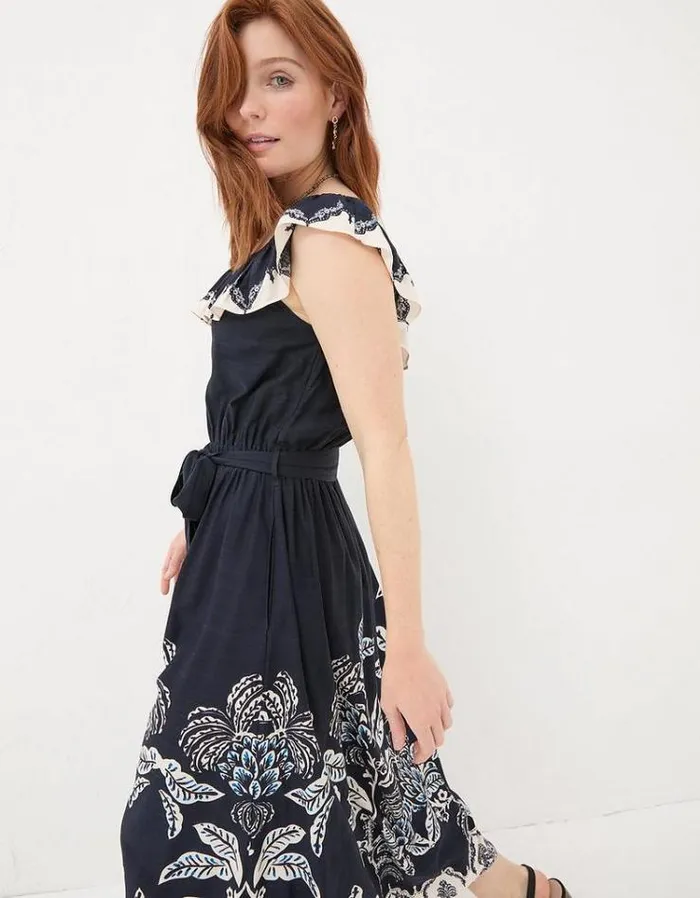 Women FatFace Vacation Shop Ezra Damask Midi Dress Navy