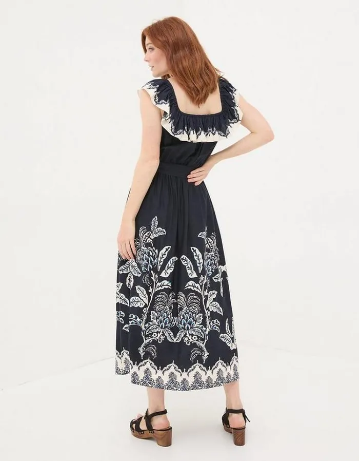 Women FatFace Vacation Shop Ezra Damask Midi Dress Navy