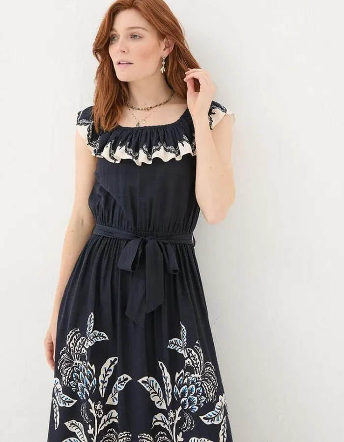 Women FatFace Vacation Shop Ezra Damask Midi Dress Navy