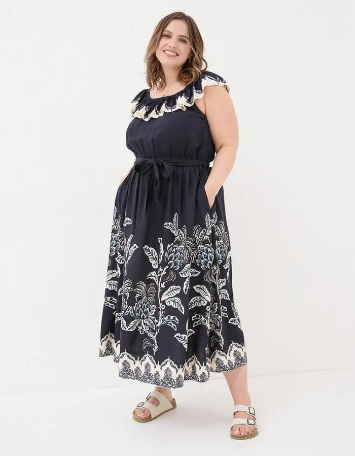 Women FatFace Vacation Shop Ezra Damask Midi Dress Navy