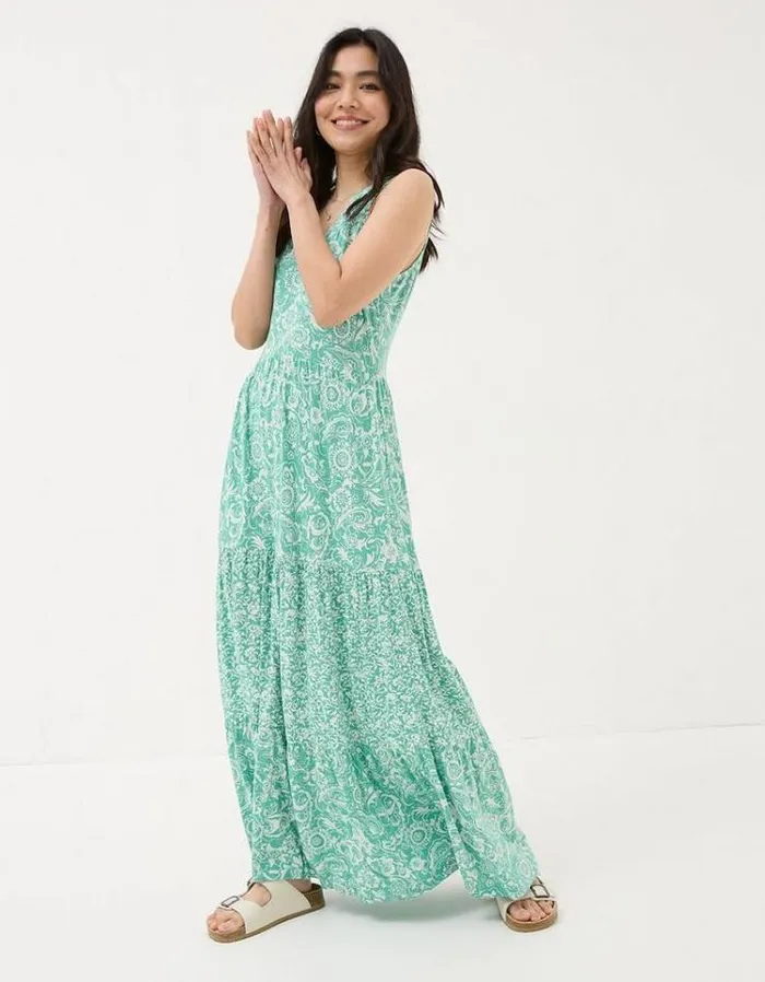 Women FatFace Vacation Shop Maya Paisley Jersey Maxi Dress Teal Blue