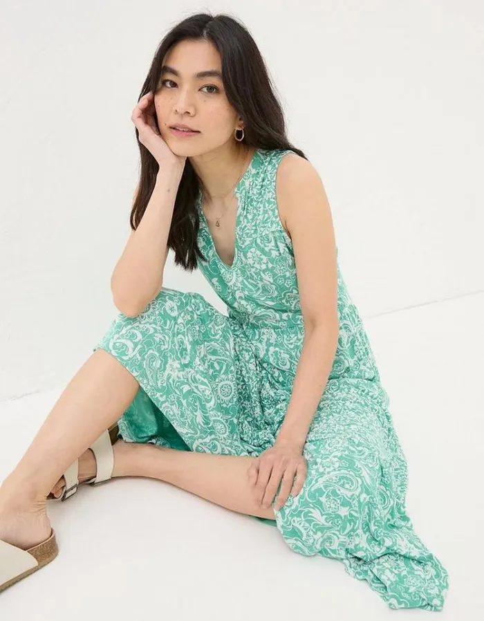 Women FatFace Vacation Shop Maya Paisley Jersey Maxi Dress Teal Blue