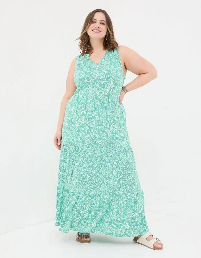 Women FatFace Vacation Shop Maya Paisley Jersey Maxi Dress Teal Blue